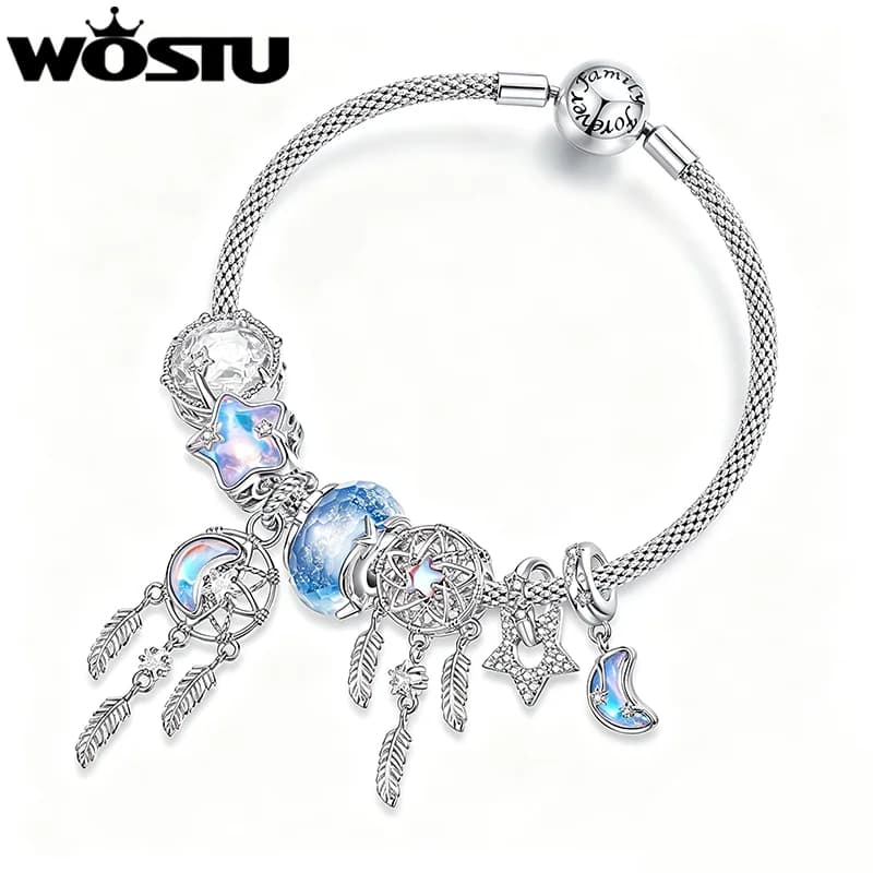 WOSTU Dream catcher Charm Rainbow Moonstone Moon Star Pendant Blue Murano Glass Copper Beads Platinum Plated DIY Jewelry Gift