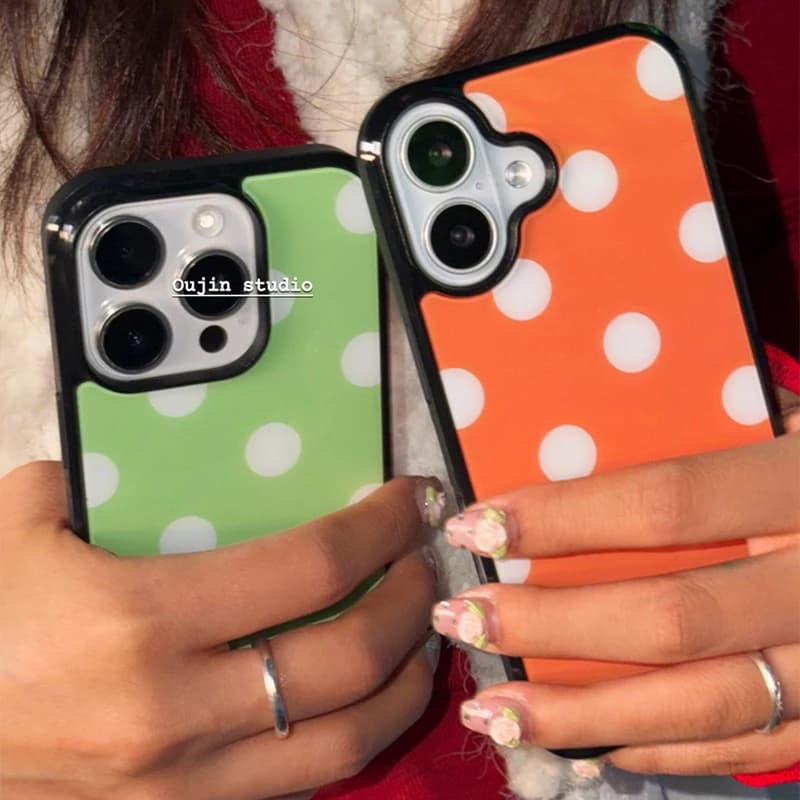 Cover for iPhone with green and orange Korean polka dots and black rim, with drop glue, for iPhone 17 Air 16 Pro Max 15 14 Plus 13 12 11