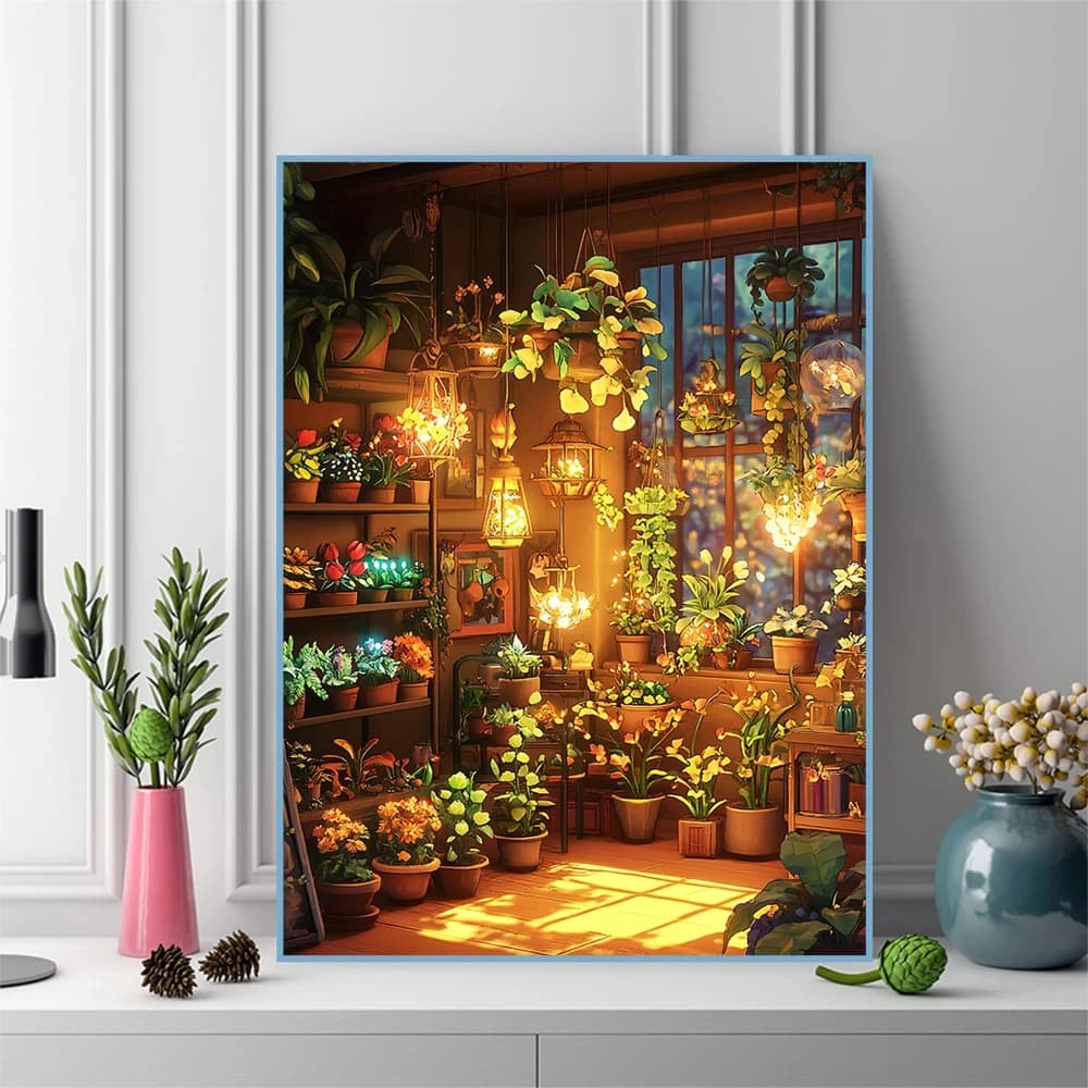 5D Mosaic Full Round/Square DIY Diamond Painting Warm Light Florist Shop Green Plant Flower Wall Art Home Decor unframed