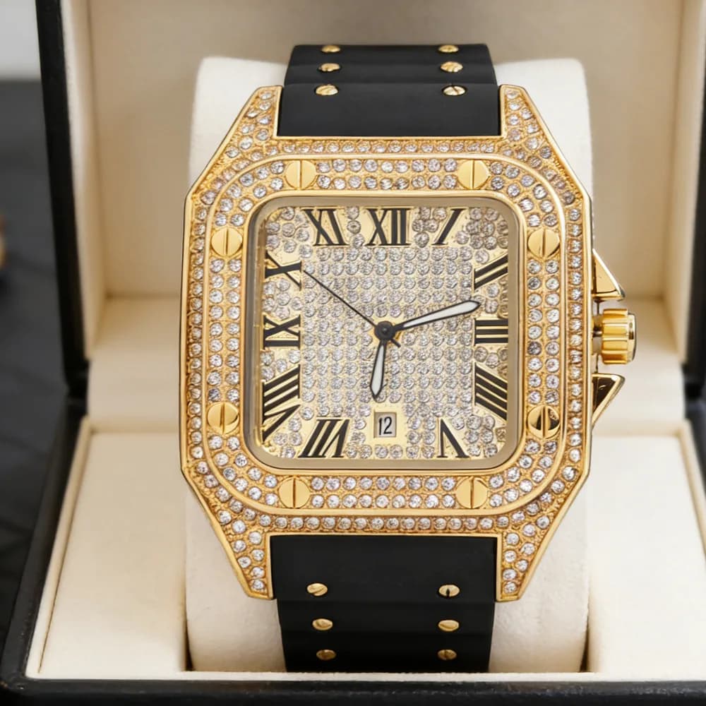 Hip Hop Iced Out Bling Square Full Diamond Quartz Watch Men Hot Fashion Rubber Strap Jewelry Wristwatch Man Clock Dropshipping