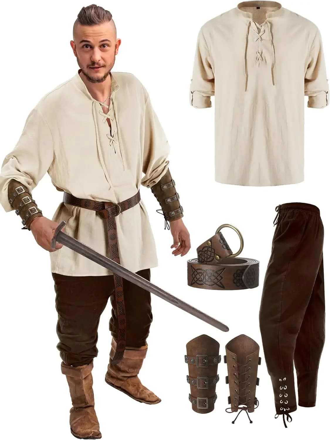 4 Piece Halloween Renaissance Men's Costume Set, Medieval Pirate Shirt, Ankle Trousers, Viking Belt Accessories