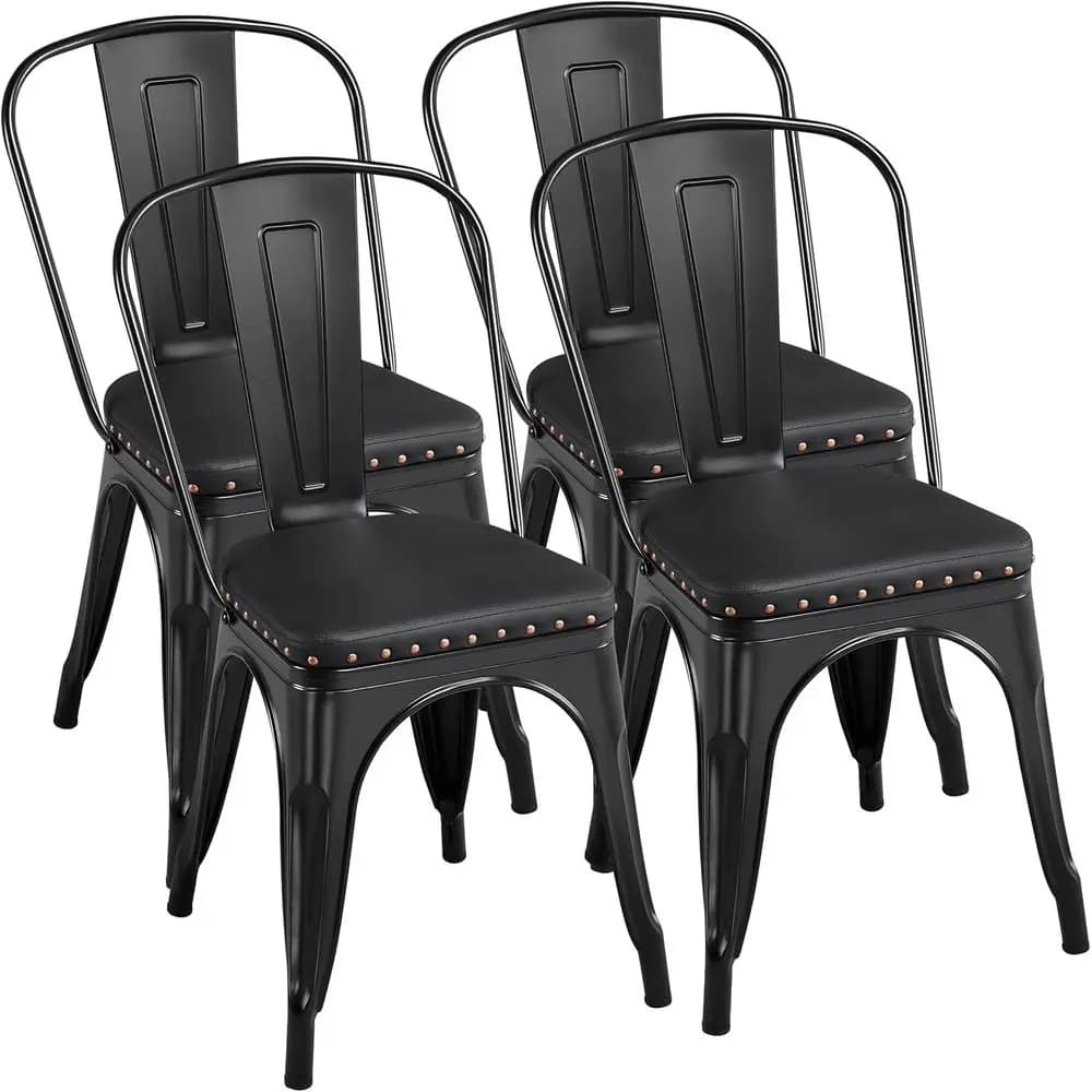4pcs High-Back PU Leather Seat Metal Dining Chairs with Cushion, 18 Inch Black Industrial Style