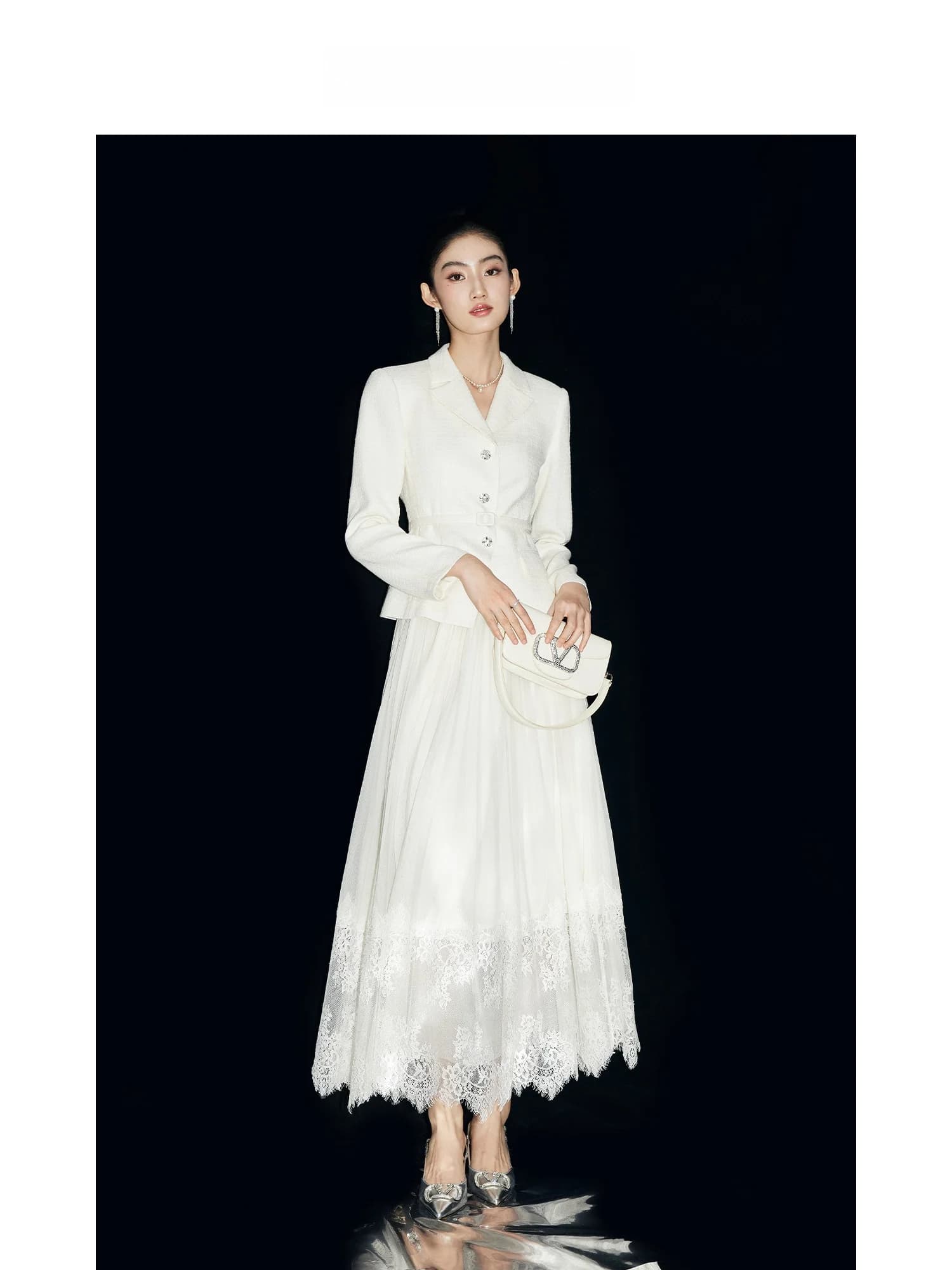 MandyZhang Elegant White High-End Feel Fragrance Style Women's Suit Spring Diamond Button Waist-Cinching Notch Collar Jacket