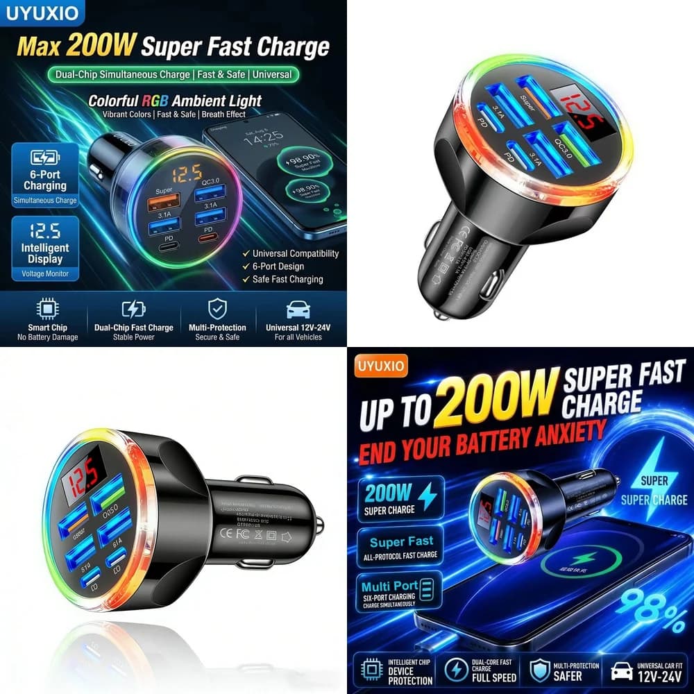 Universal Multi Port Car Charger Trending for iPhone 18 17 16 Samsung S26 S25 S24 with RGB Light Real Time Digital Voltage Hub
