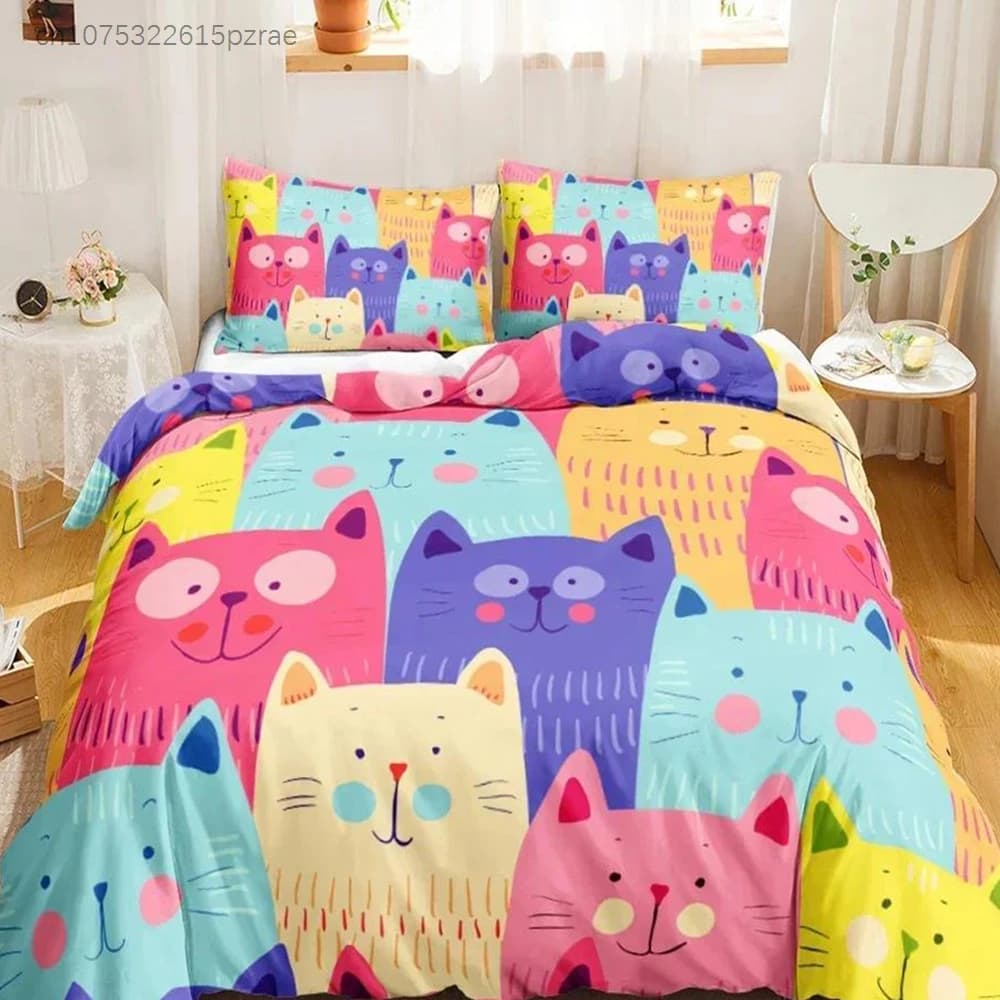 Cute Cat Single-sided Printed Bedding Set ,Comforter Cartoon Duvet Bedding Cover Pillows Comfortable Bedspreads Bedding Set