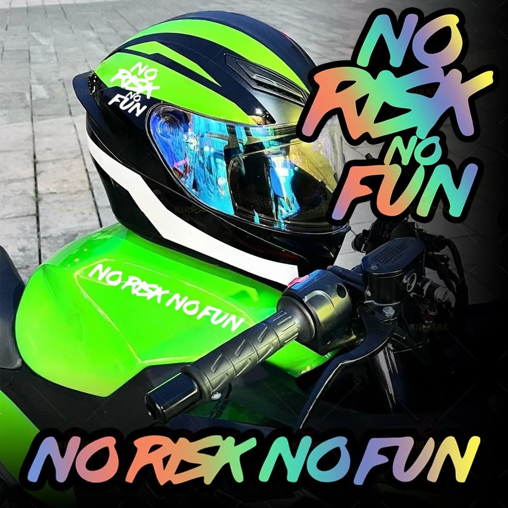 Set di 2 Adesivi per Moto "No Risk No Fun" Impermeabili Olografici in Vinile per Decorazione Casco e Corpo Bici