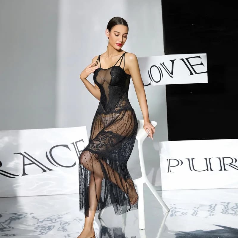 Sexy nightdress for women Charming long pajamas in black lace Dress with polka dots Night dress Boudoir See through the night shirt
