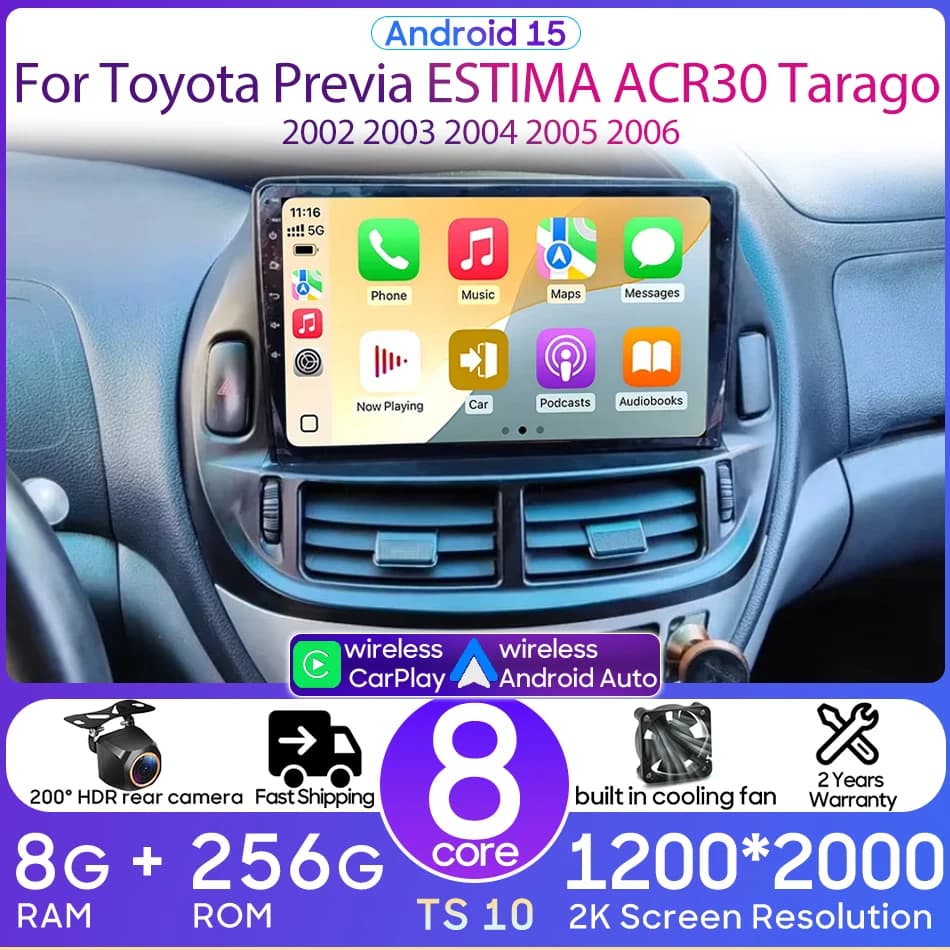 Android 16 Car Multimedia Player for Toyota Previa ESTIMA ACR30 Tarago 2002 - 2006 QLED Stereo Radio GPS 2din Carplay Head Unit