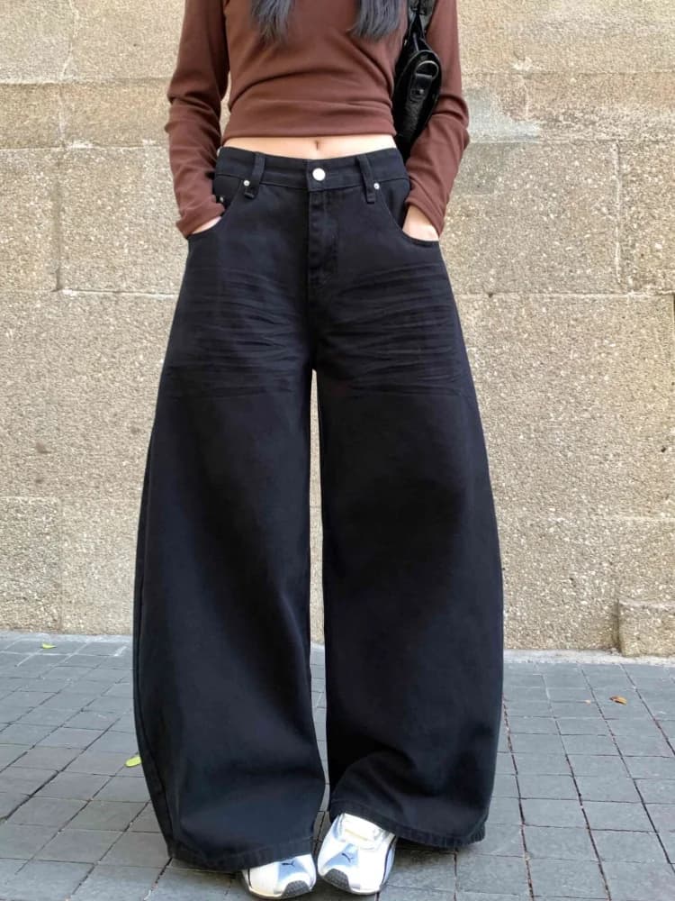 2025 Ropa Y2K Streetwear Nero Pieghettato Casual Baggy Jeans da donna Pantaloni per abbigliamento donna Pantaloni lunghi larghi in cotone a gamba larga
