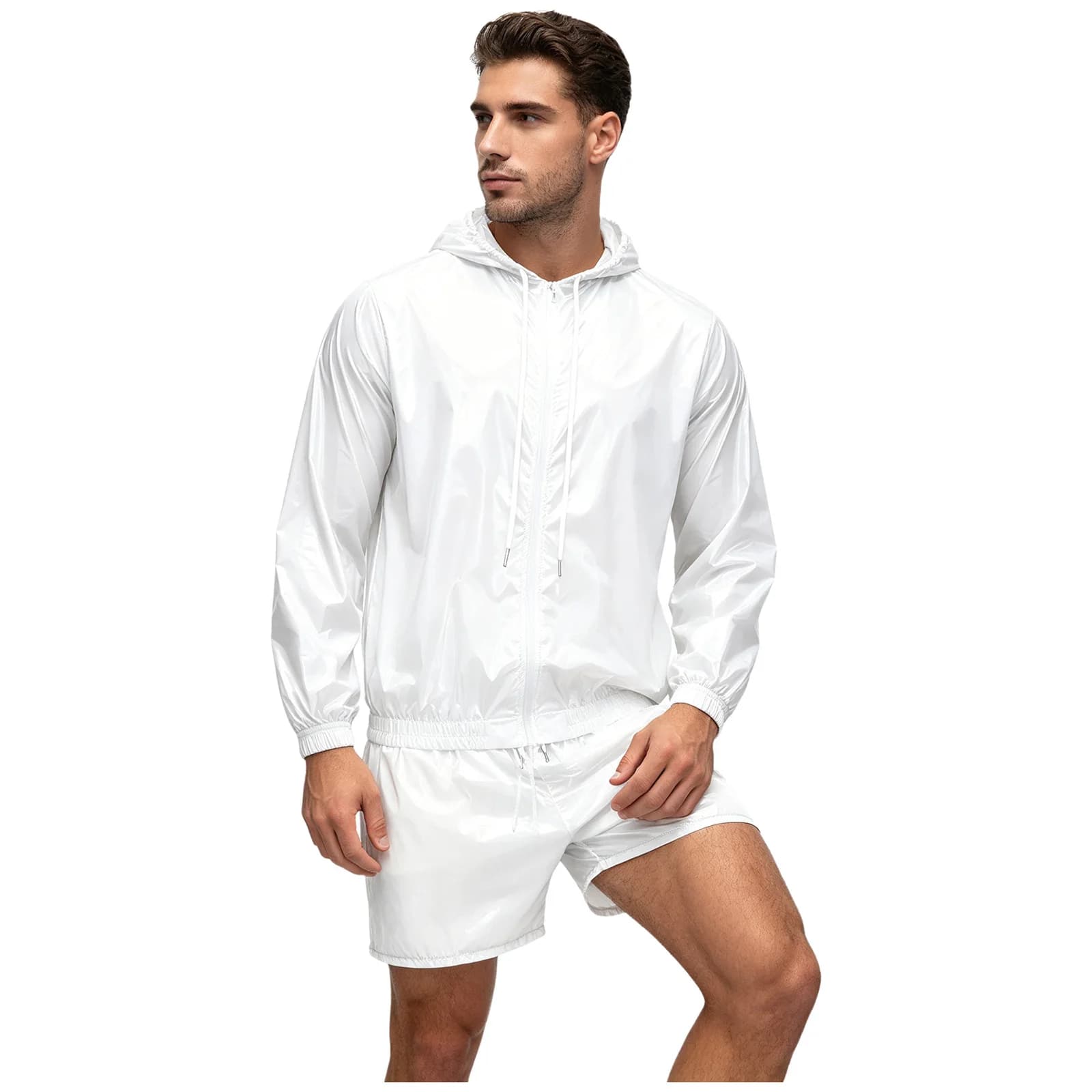 Mens Waterproof Sportswear Swimwear Sets Hooded Jacket Windbreaker and Boxer Shorts Sweat Outfit for Ocean Water Sports Wear