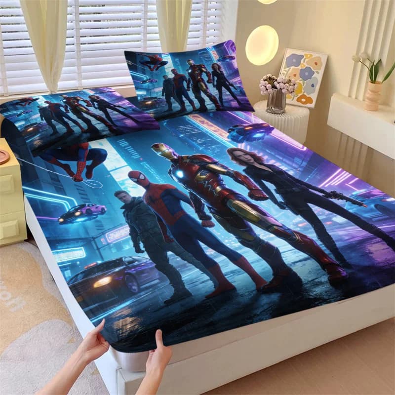 Set di 3 Lenzuola con Angoli Elasticizzati Marvel Supereroi Cyberpunk City, Tema Eroi nella Notte Neon, Biancheria da Letto con Tasche Profonde, Decorazione per Stanza Gaming e Fan