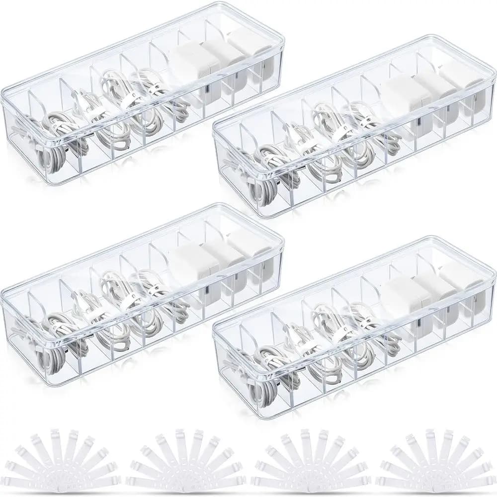 Cord Organizer or Desk, Cable Organizer Box with 8 Compartments and Wire Ties, Plastic Storage with Lid, Case or Home Office Acc