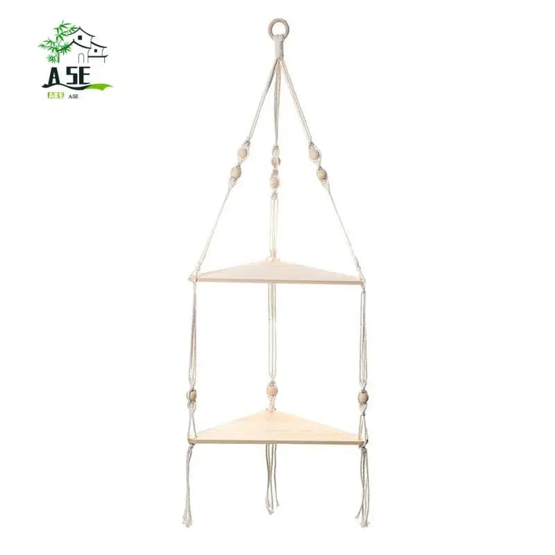A05E-1 Piece Shelves With Wood Shelf Beige Handmade Shelf With Beautiful Macrame Rope And Shelf For Hanging Plant And Decor