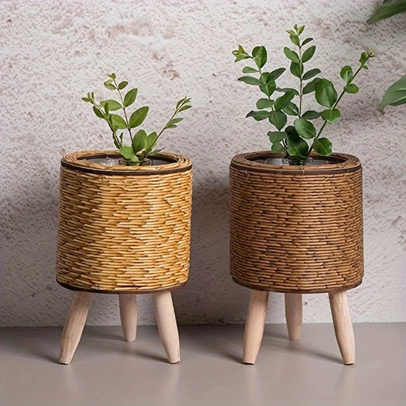 Charming Rustic Rattan Florist with Wooden Legs-Necklace Materials Versatile made of plant fabric and interior/external decoration