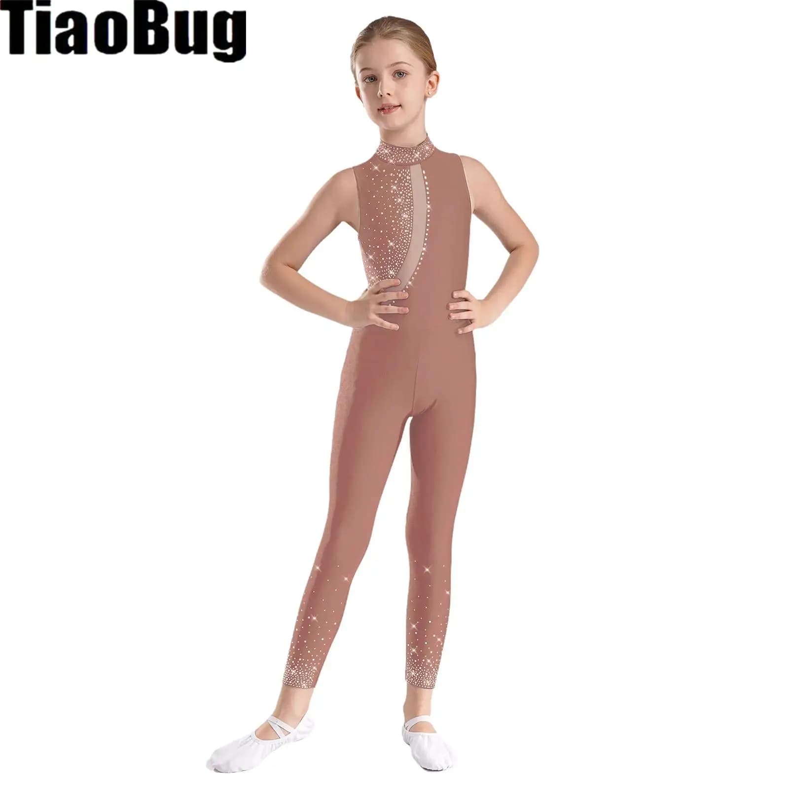Body da pattinaggio di figura per bambina, collo a lupetto, patchwork in rete trasparente, senza maniche, ritaglio sul retro, body da ballo per ginnastica