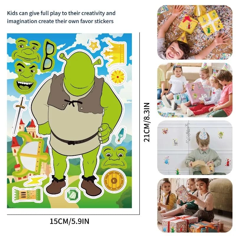 Dsn 8/16 Pezzi Adesivi Anime Carini di Shrek, Puzzle Fai-da-Te per Creare un Volto, Gioco Educativo per Bambini, Decalcomanie Cartoon da Assemblare, Regalo