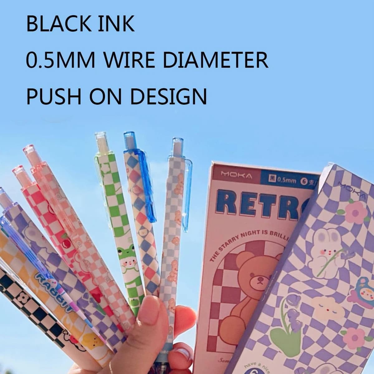 Set di 6 penne gel retrattili, inchiostro nero da 0,5 mm, design simpatico a scacchiera con orso e coniglio, scrittura fluida per studenti e ufficio