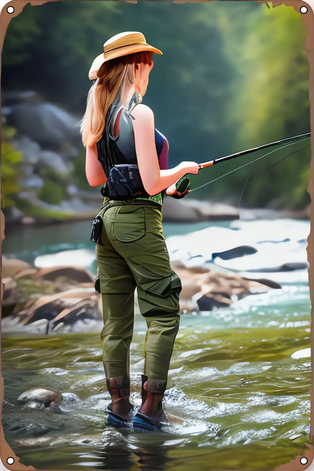 Targa in metallo Open Fly Season Pin-Up Girl Pesca Hot Rod Reel Pesce Decorazione in metallo Targa in metallo