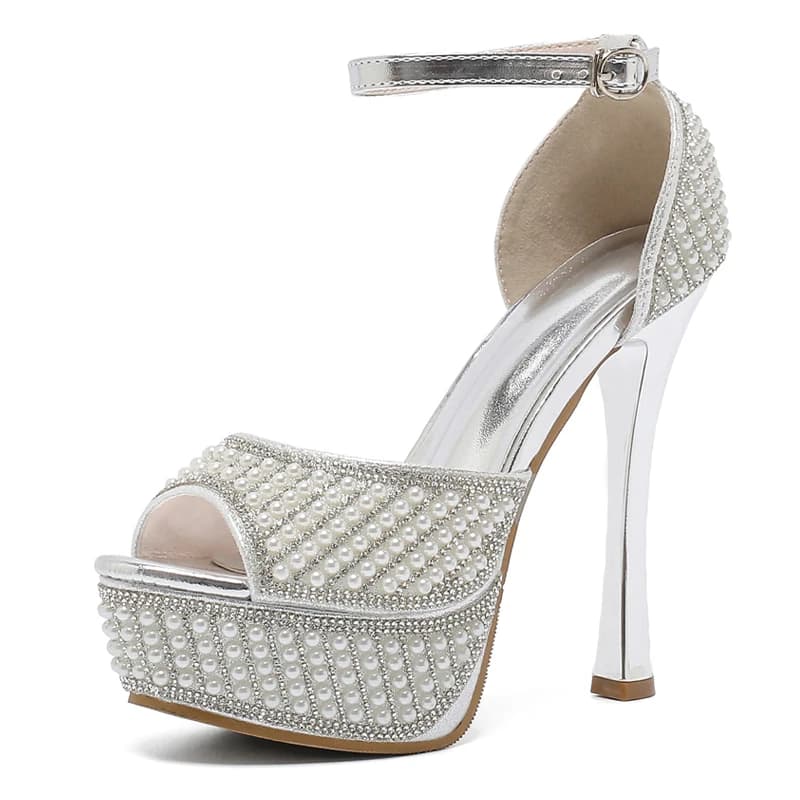 13cm Stilettos Heels Silver Rhinestones Pearl Platform Shoes Gold High Heels Summer Sandals Woman Dress Shoes