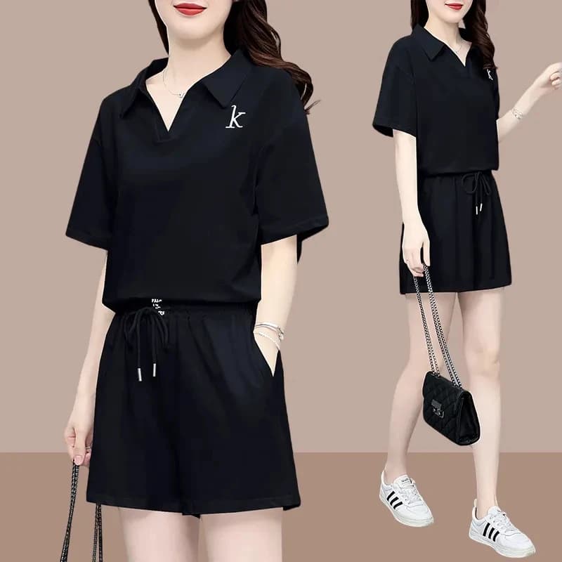 Fashionable Casual V-Neck Shirt And Shorts Set for Women Summer New Style Student Leisure Sportswear Anti-Aging Top Bottoms