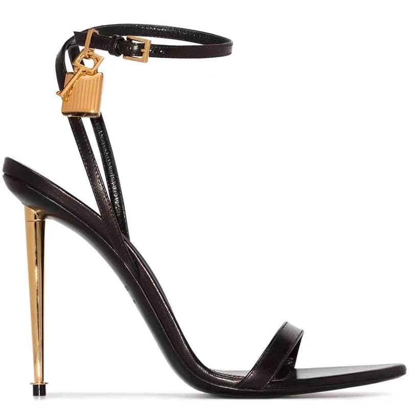 Buckle Strap Solid Color Key Lock Decoration Women Sandals Fashion Show Pointed Toe Ladies Shoes Golden Stiletto Sandals Women