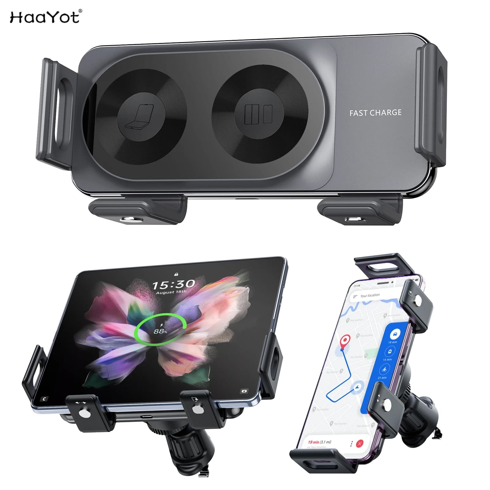 Universal car phone support with 15W wireless charging, 360° rotation Support for Samsung Galaxy Z Flip & Fold 7 6 5 S26 S25 iPhone 17 16