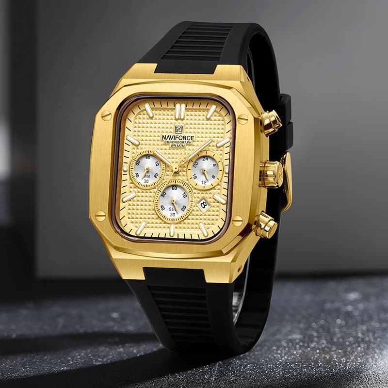 NAVIFORC Wristwatch with new men's chronograph, luxury silicone strap, water resistant, men's quartz watch with men's creative square dial
