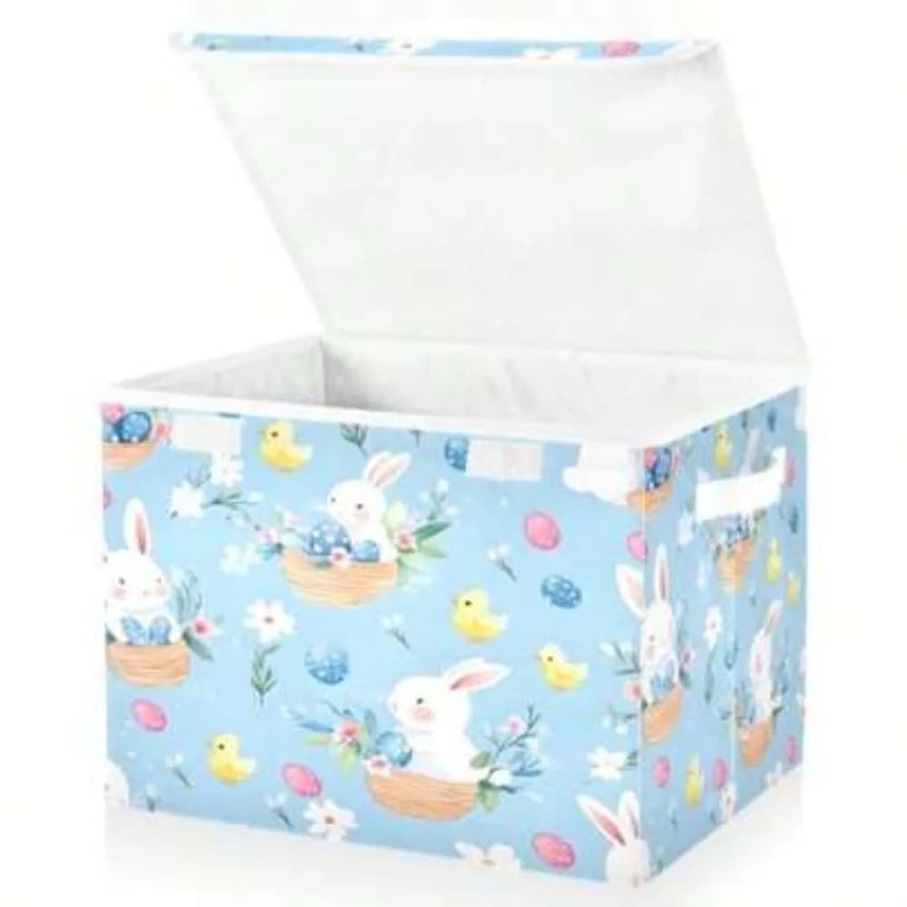 Easter Bunny Egg Pattern Storage Bins With Lids and Handles, Collapsible Organizer Box Basket With Cover, Foldable Closet Shelves Container, Decorative Fabric Cube Bin for Toys Books Clothes, Space Saving
