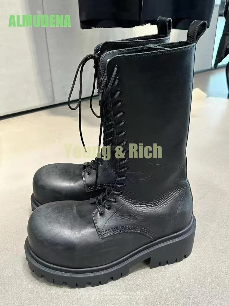 Stivali da moto da uomo in pelle nera Scarpe in pelle Tacco spesso Punta tonda Stivali da lavoro con lacci che aumentano l'altezza Botas Mujer