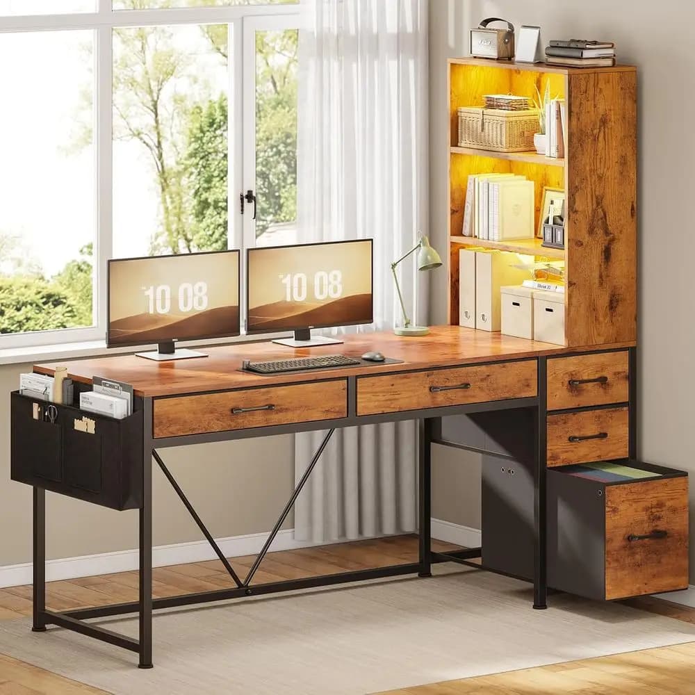 Scrivania Rustica Marrone a 5 Cassetti con Libreria e Luci LED, Scrivania Compatta per Ufficio Domestico e Angolo Gaming con Spazio di Archiviazione Personalizzabile