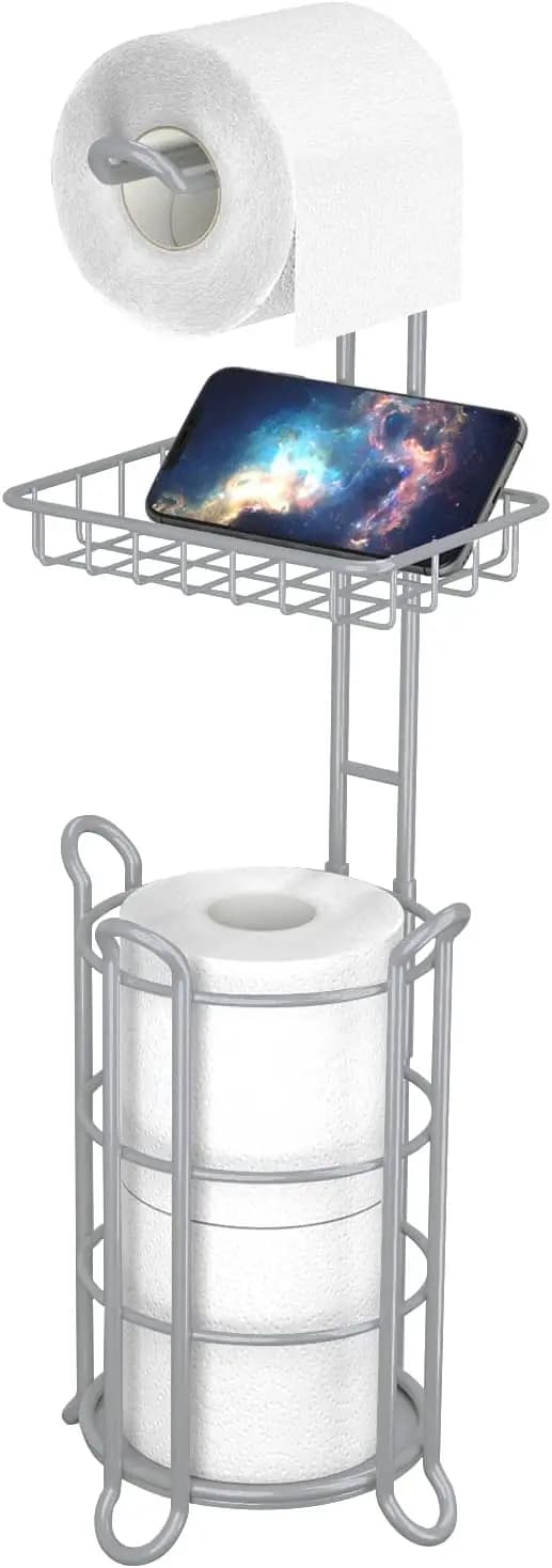 Portarotolo da terra con ripiano portaoggetti, per mega rotoli e telefono, grigio
