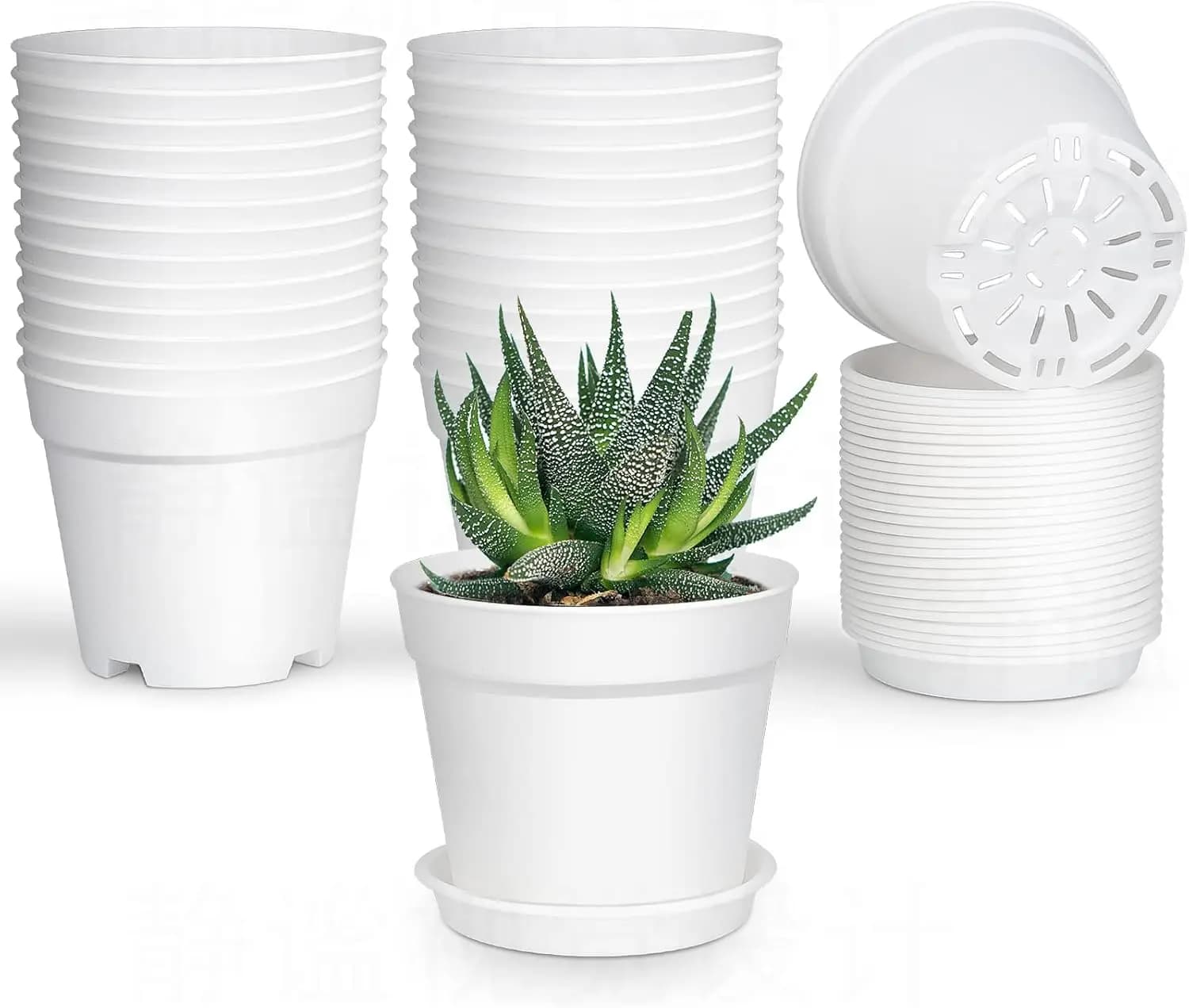 Pack of 28 pots for 4 inch plastic plants with drainage holes and saucers for oily plants, flowers, seed start, white