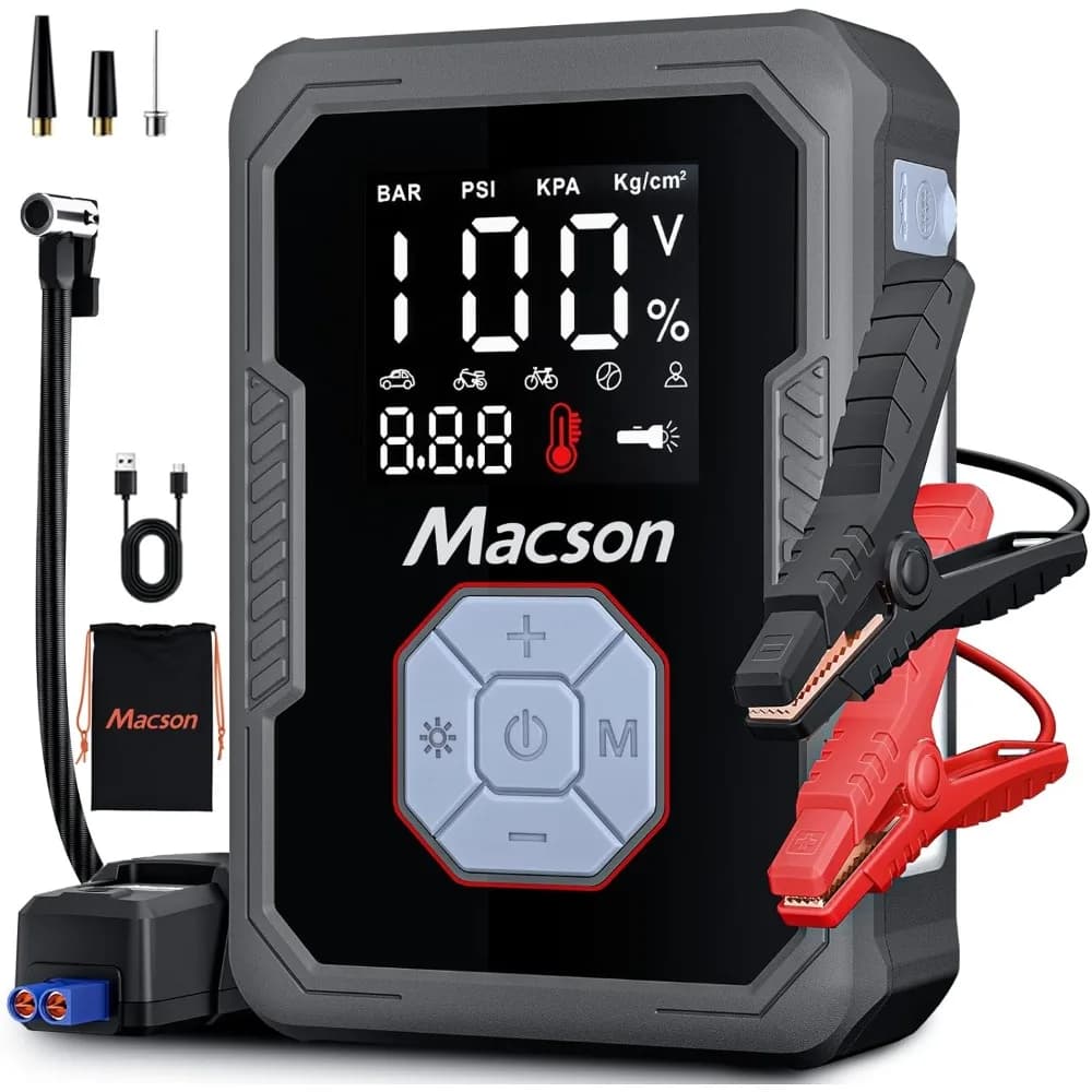 Avviatore di emergenza con compressore d'aria, gonfiatore per pneumatici 150PSI 1500A Batteria di avviamento per ponticello per auto portatile (fino a 7,5 litri di gas/5,5 litri Diesel En