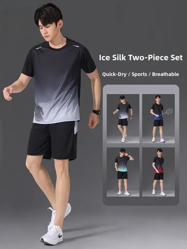 Completo Sportivo Uomo in Seta Ghiaccio per Corsa, Traspirante ad Asciugatura Rapida, Estivo, T-shirt a Maniche Corte e Pantaloncini, Abbigliamento Fitness e Badminton