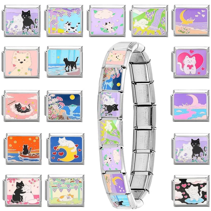 2025 New Fashion Cats Moon Stars Boat Flowers Grape Italian Charm Link Fit 9mm Stainless Steel DIY Bracelet Jewelry Making Beads