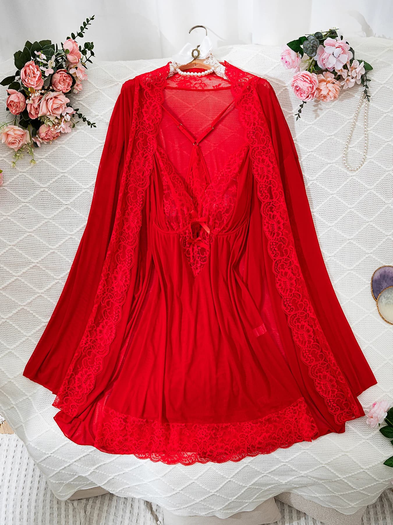 XL~5XL Plus Size Red Lace Pajama Set - Romantic Lace Trim Babydoll Dress with Matching Robe, Alluring Deep V-Neck.lencerias sexy