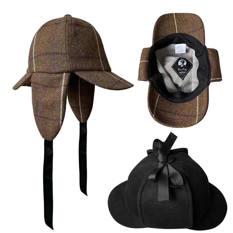 Cappello Sherlock Holmes Deerstalker unisex in stile britannico per l'autunno inverno in misto lana scozzese a doppia tesa che riscalda le orecchie, rilevamento alla moda