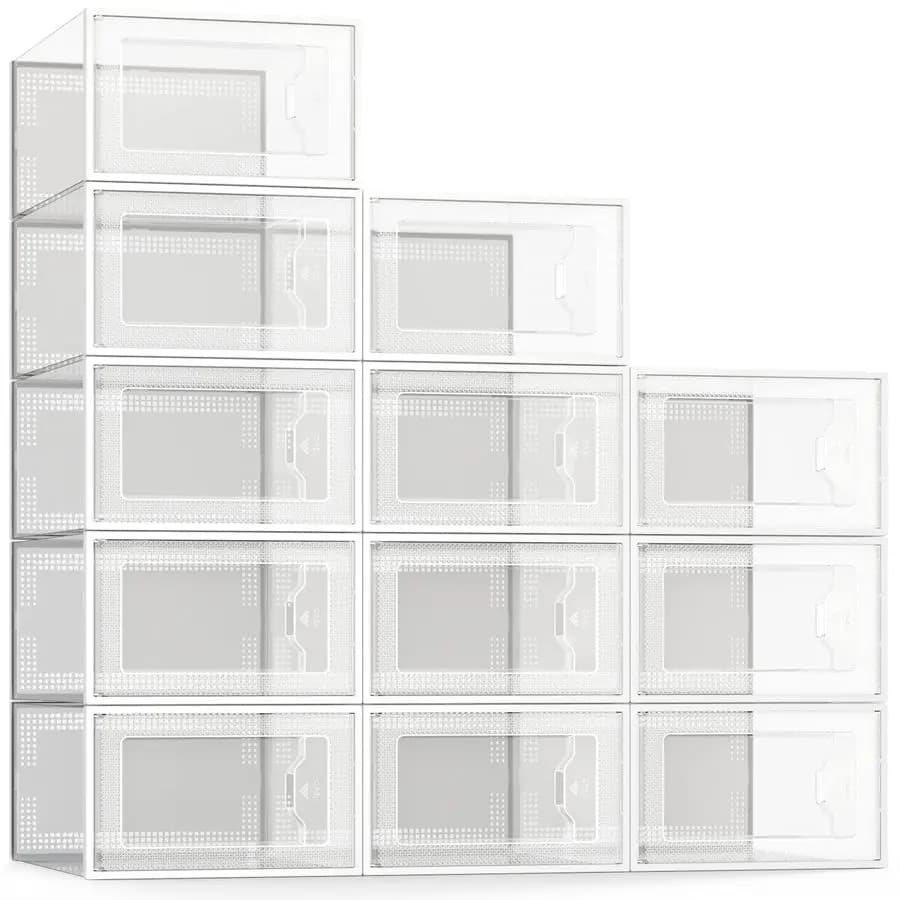 XLarge scatola porta scarpe misura 11, organizer per scarpe impilabile in plastica trasparente per armadio, sneaker pieghevole salvaspazio