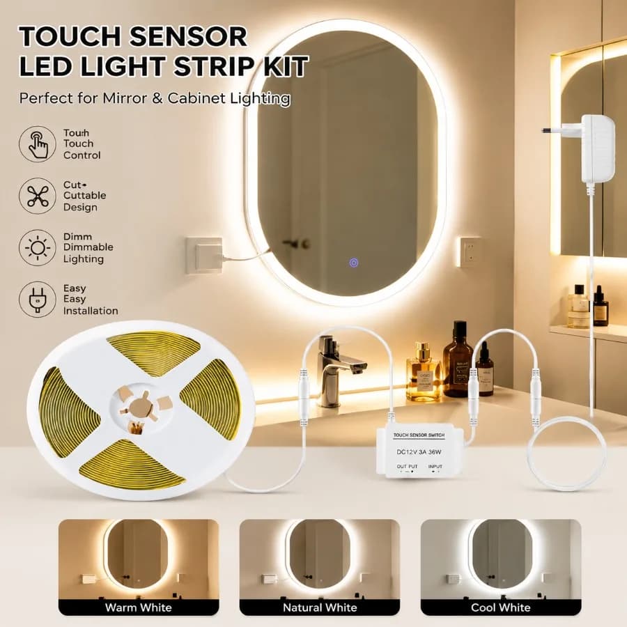1 Set Dimmable Touch Control Bathroom Makeup Mirror 12V LED Light Strip Dressing Table Background Lighting Sensor Vanity Light