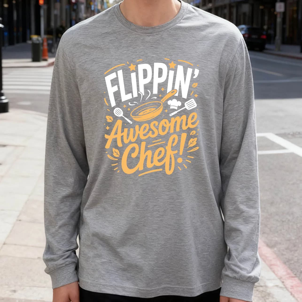 Flippin' Awesome Chef Men's Long Sleeved T-shirt 180g 100% cotton printed casual crew neck to wear every day soft and breathable