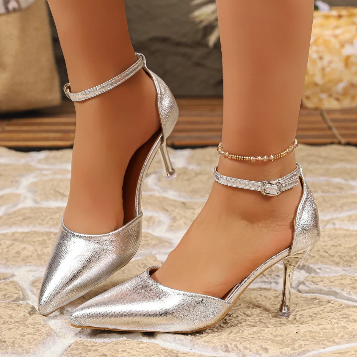 Women's Summer Luxury Solid Color Classic Stiletto Sandals 2026 New Ankle Buckle Design Pointed Toe Elegant Shallow Mouth Sandal