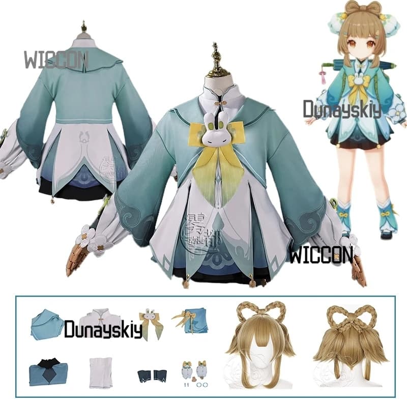 Costume Cosplay Yaoyao with Wig and Accessories, Dress 'Listening the Rain' by Genshin Impact, Mantle and Gonna for Festivals and Carnival