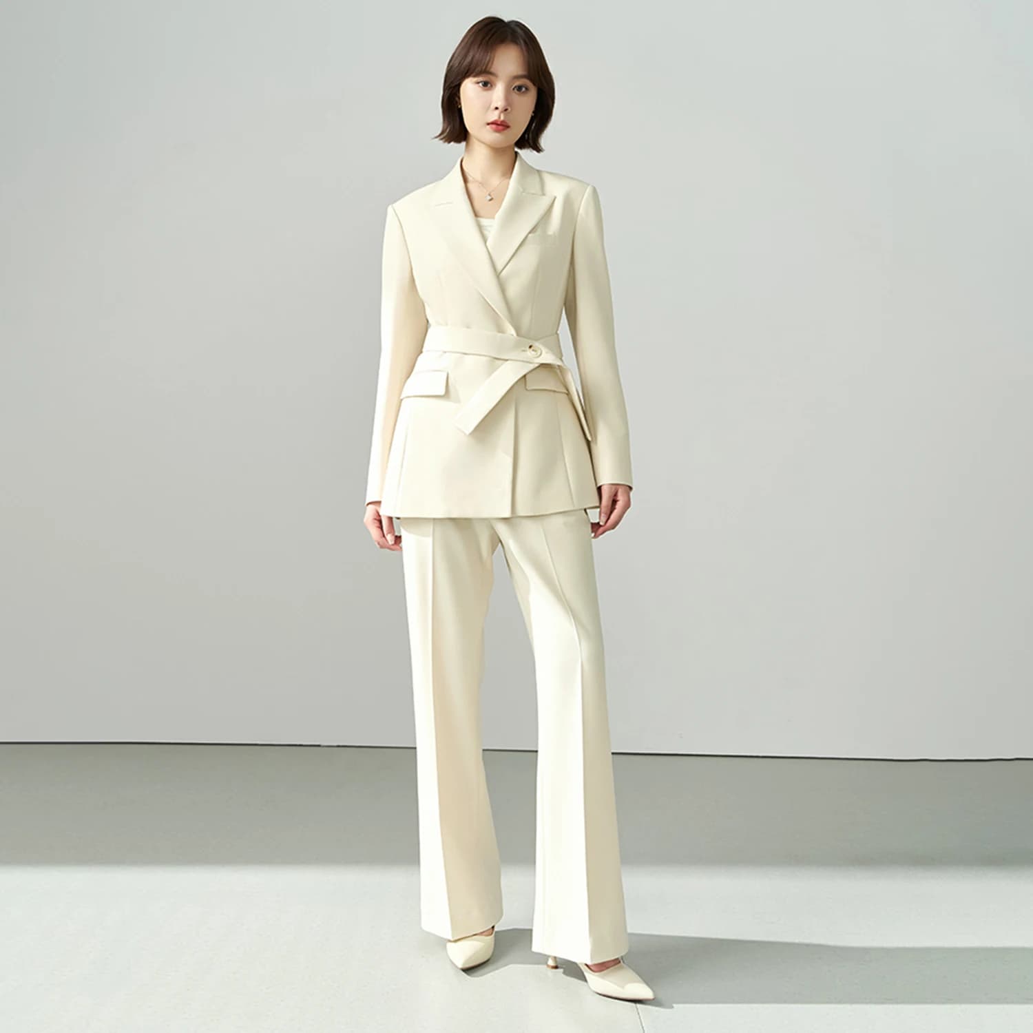 Allingentle 2-piece ivory women's set, suit women's trousers with custom office dresses belt