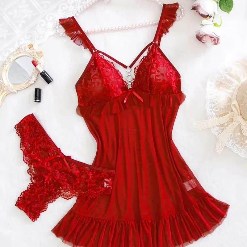 Nuovo Set Lingerie Sexy Rosso 2026 da Donna, con Sottoveste a V Profonda, Perizoma, Reggiseno e Mutandina Erotici, Camicia da Notte in Pizzo Morbida, Pigiama da Sposa