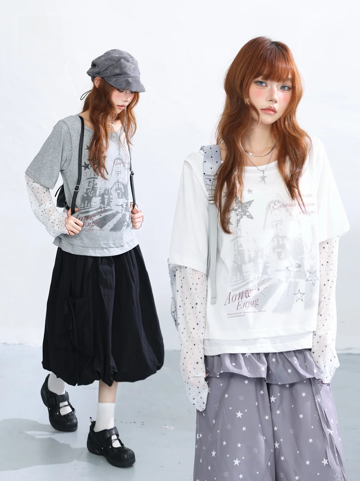 AONW T-shirt da donna a maniche lunghe con inserti a stella, top ampio traspirante in poliestere delicato sulla pelle, stile casual, effetto due pezzi