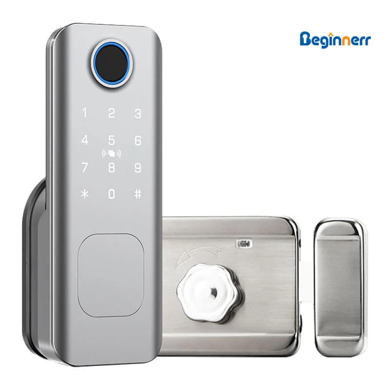 Serratura smart digitale per porta d'ingresso, impermeabile, con impronta digitale su un lato, compatibile con Tuya e TTLock, accesso tramite app e NFC.