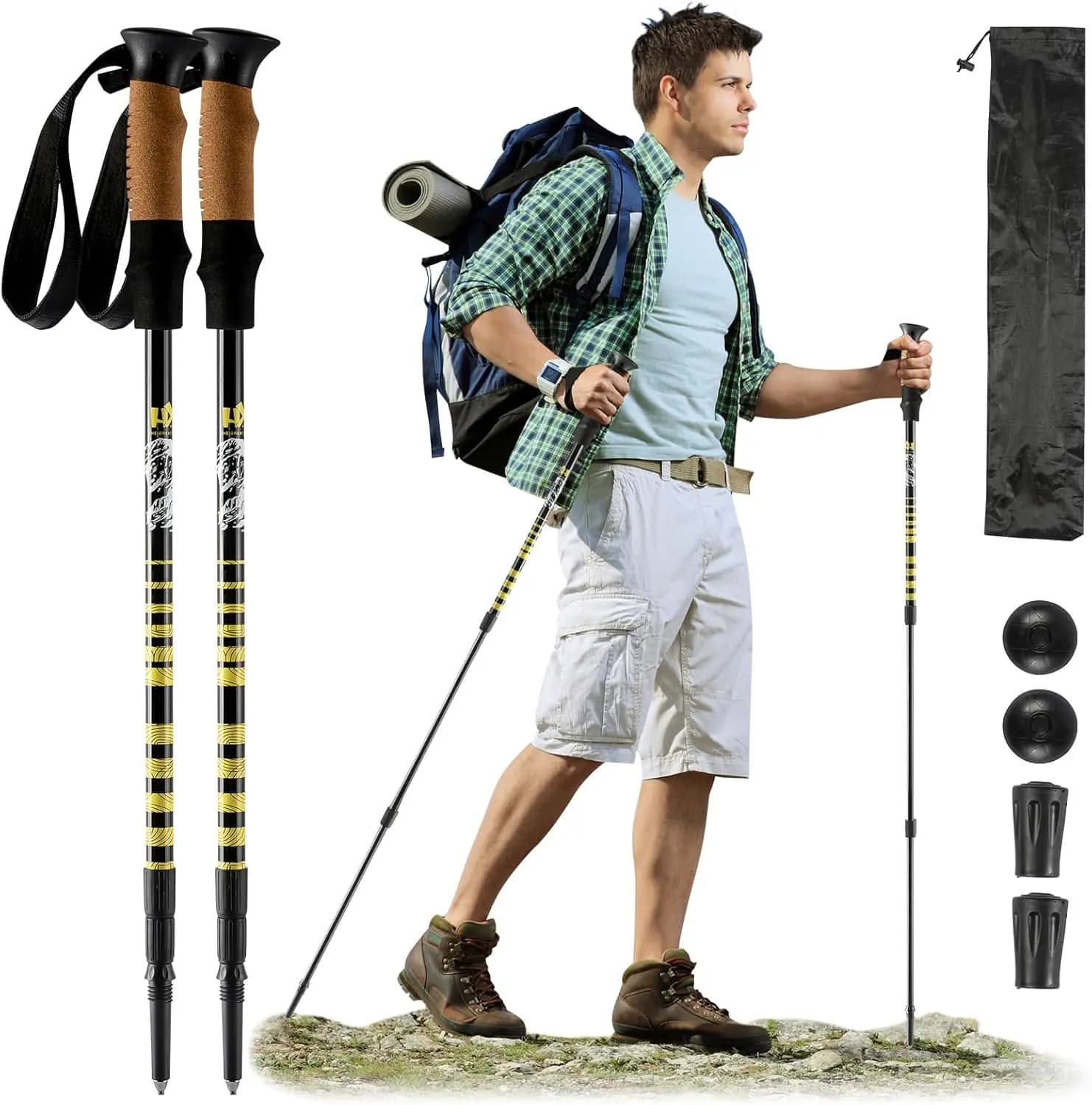 Carbon fiber trekking poles, adjustable trekking poles with cork grips, pair for men and women
