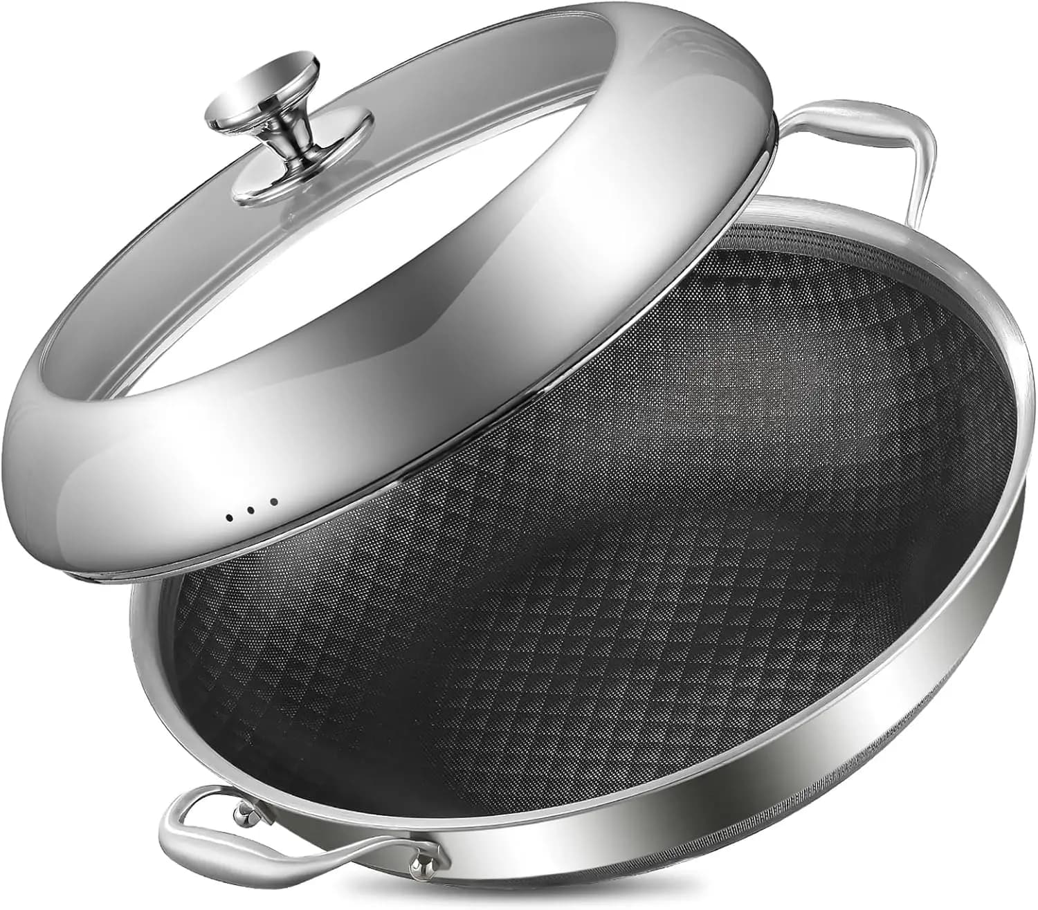 Wok in Acciaio Inox Tri-Ply da 14 Pollici con Coperchio, Padella Antiaderente Profonda 6QT, Adatta per Induzione, Lavabile in Lavastoviglie e Utilizzabile in Forno
