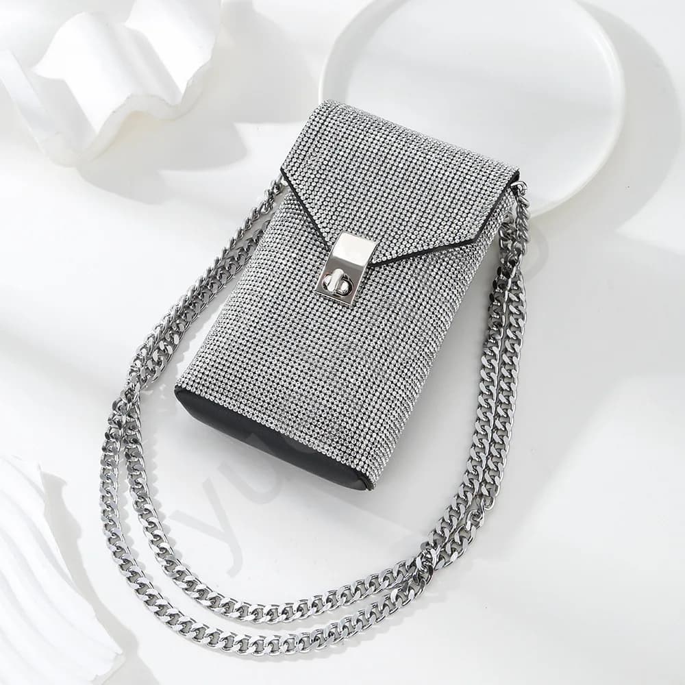 Nuova catena in pelle argento con strass borsa a tracolla diagonale da donna in lega con chiusura a croce borsa per cellulare a tracolla