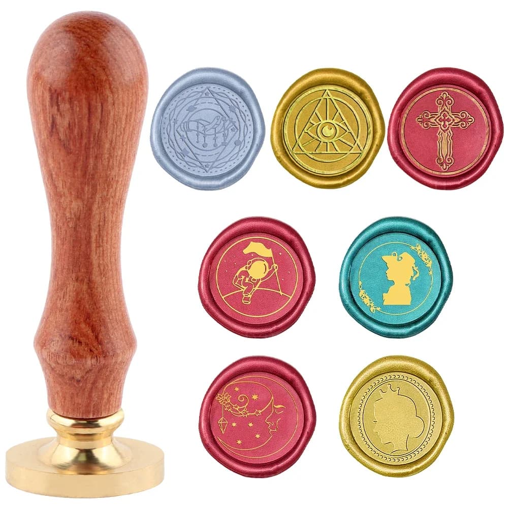 Wax Seal Stamp Set 1 Removable Round Brass Stamp Head And 1 Rosewood Handle Character Eyes Hands Cross Pattern For Envelopes